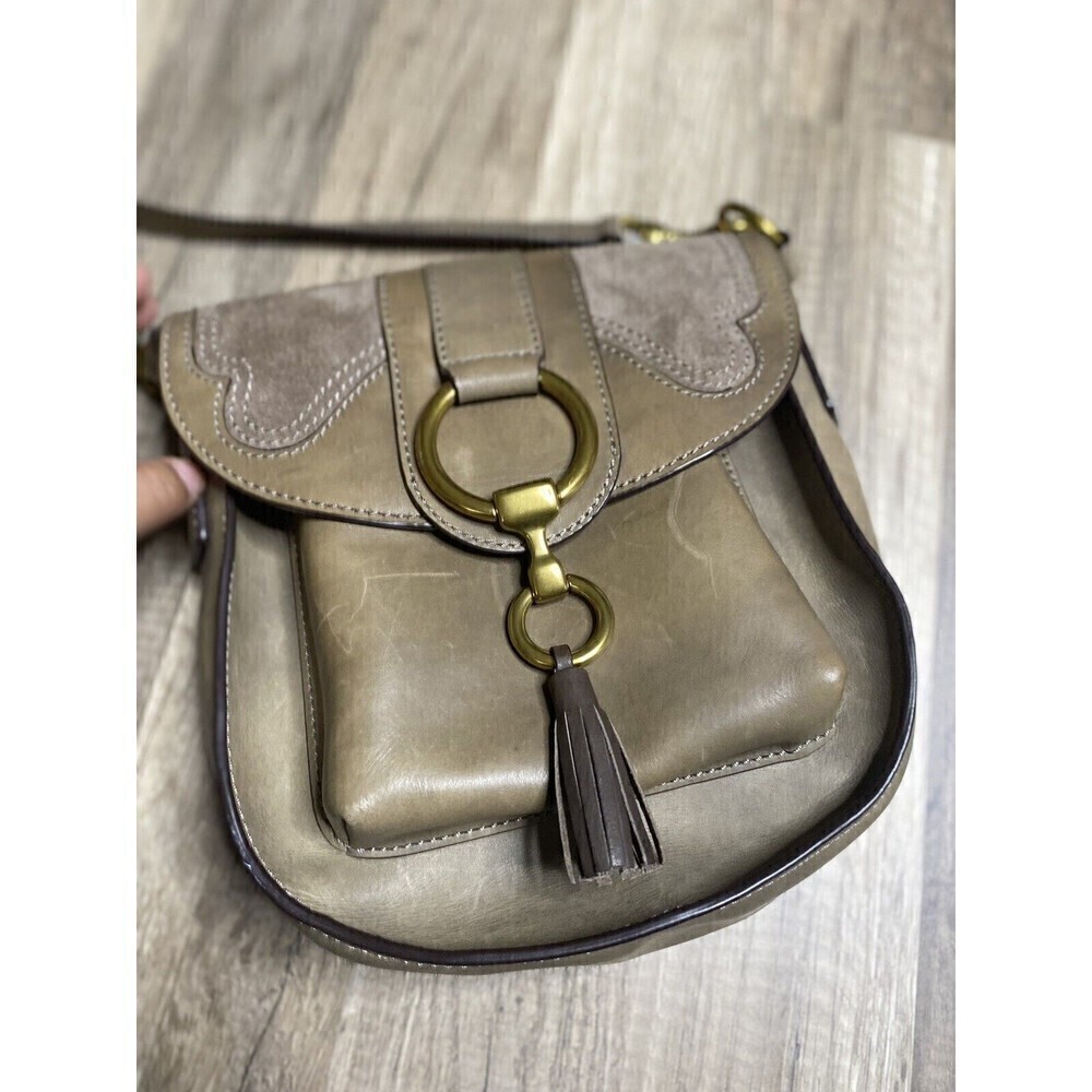 FRYE Ilana Green Gray Taupe Leather Saddle Crossbody Bag  Bohemian Casual Tassel - Picture 10 of 16